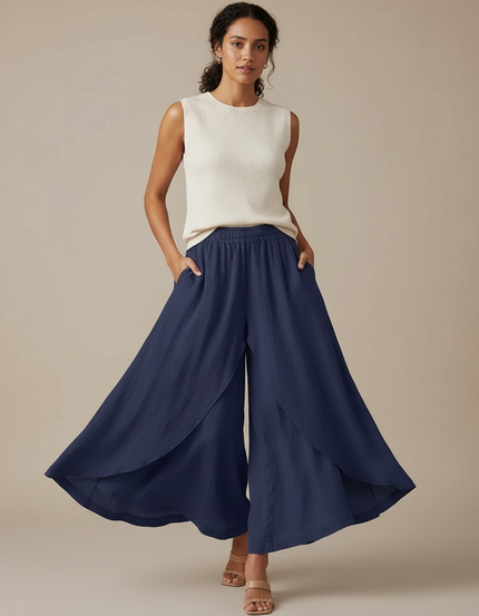 Pantalon Jupe Bleu Marine Ample Lin Fluide Superposé