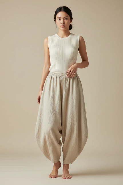 Pantalon Jupe Ample Lin Beige Femme Élégant