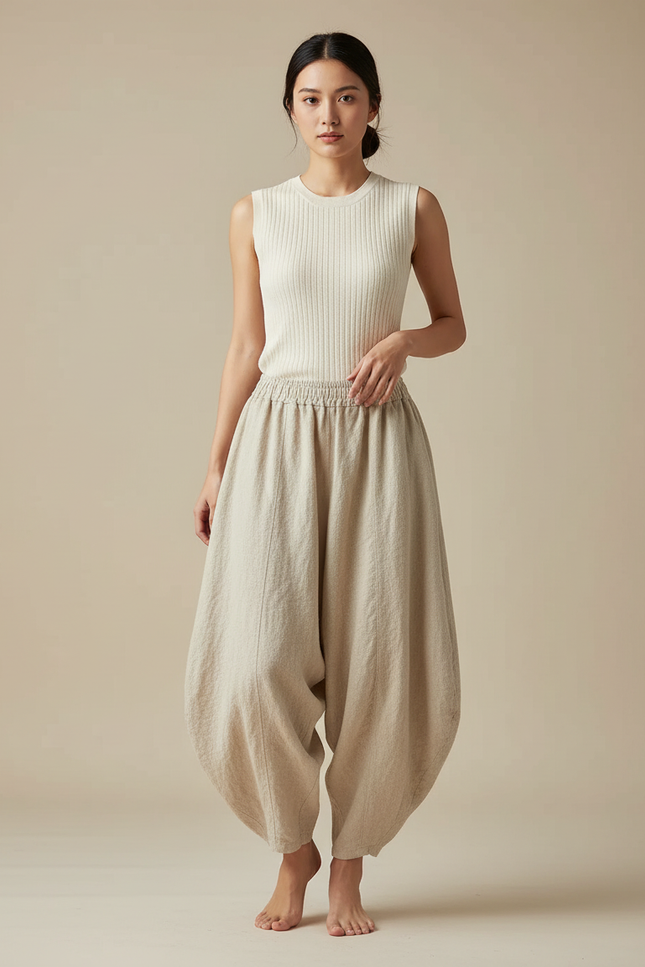 Pantalon Jupe Ample Lin Beige Femme Élégant