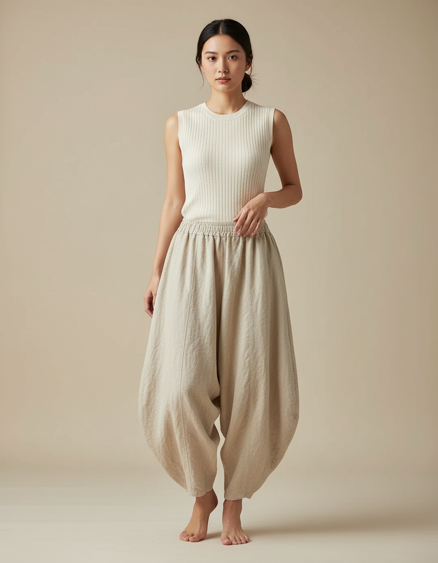 Pantalon Jupe Ample Lin Beige Femme Élégant