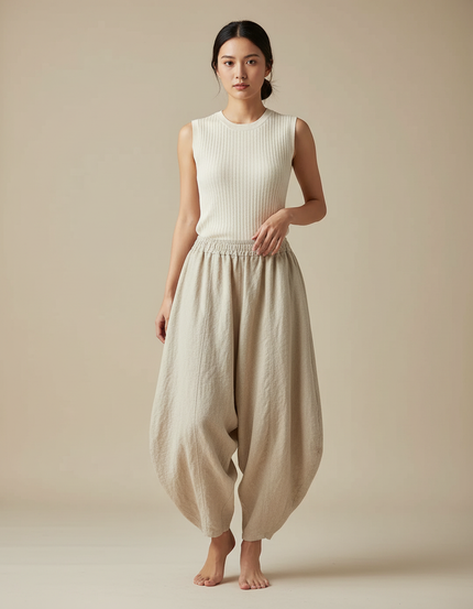 Pantalon Jupe Ample Lin Beige Femme Élégant