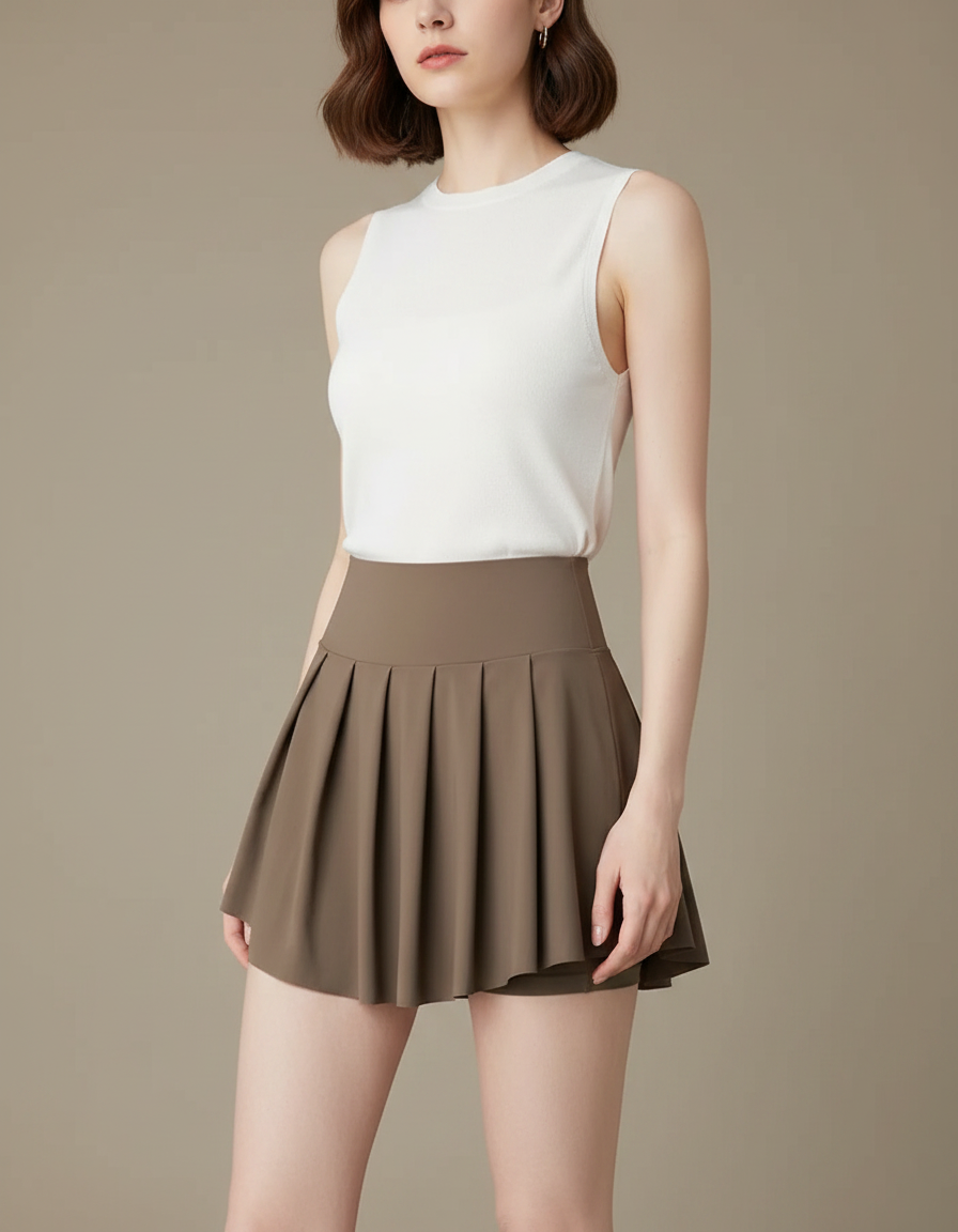 Pantalon Jupe Marron Plissé Court Sportif - Polyester