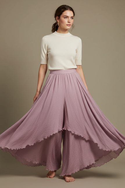 Pantalon Jupe Mauve Fluide Superposé Élégant Femme - Violet Viscose