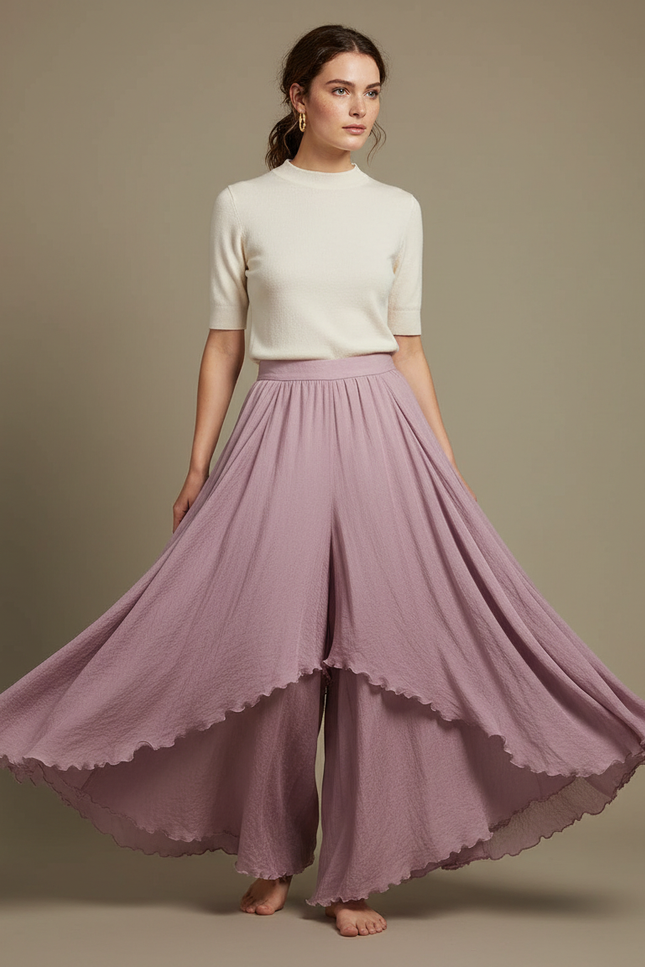 Pantalon Jupe Mauve Fluide Superposé Élégant Femme - Violet Viscose