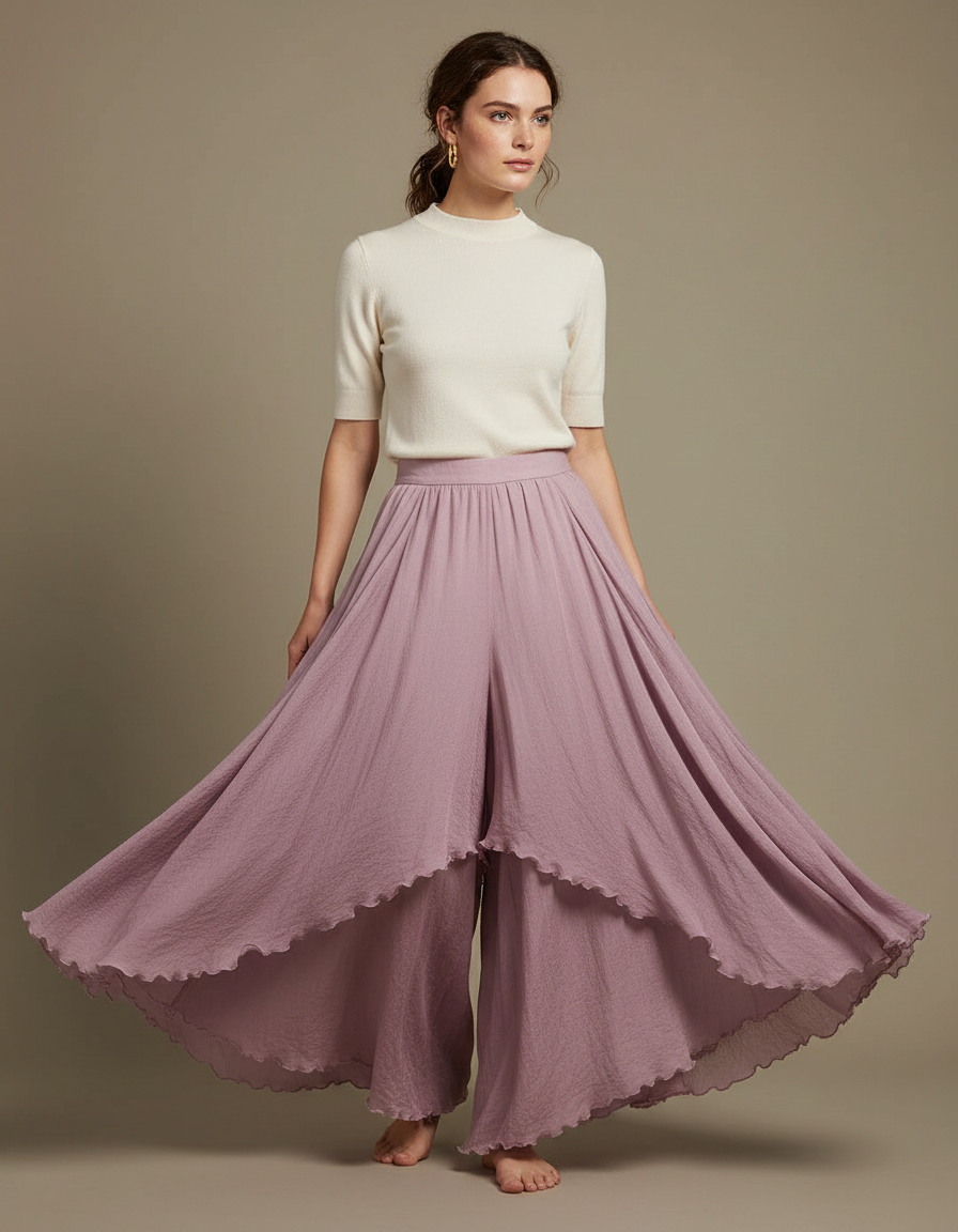 Pantalon Jupe Mauve Fluide Superposé Élégant Femme - Violet Viscose