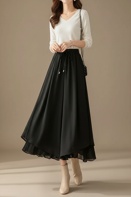Jupe Pantalon Fluide Grande Taille - Noir Polyester