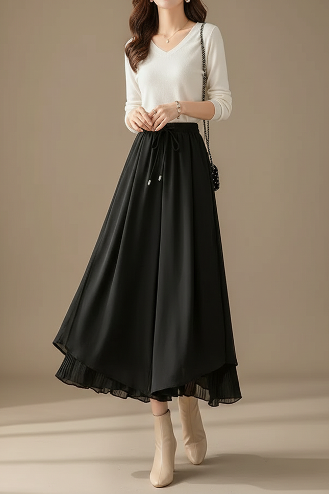 Jupe Pantalon Fluide Grande Taille - Noir Polyester
