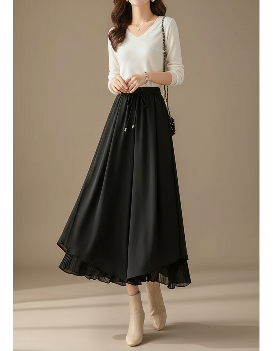 Jupe Pantalon Fluide Grande Taille - Noir Polyester