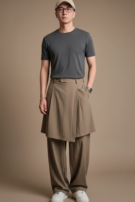 Pantalon Jupe Kaki Superposé Ample Fluide Décontracté - Lin