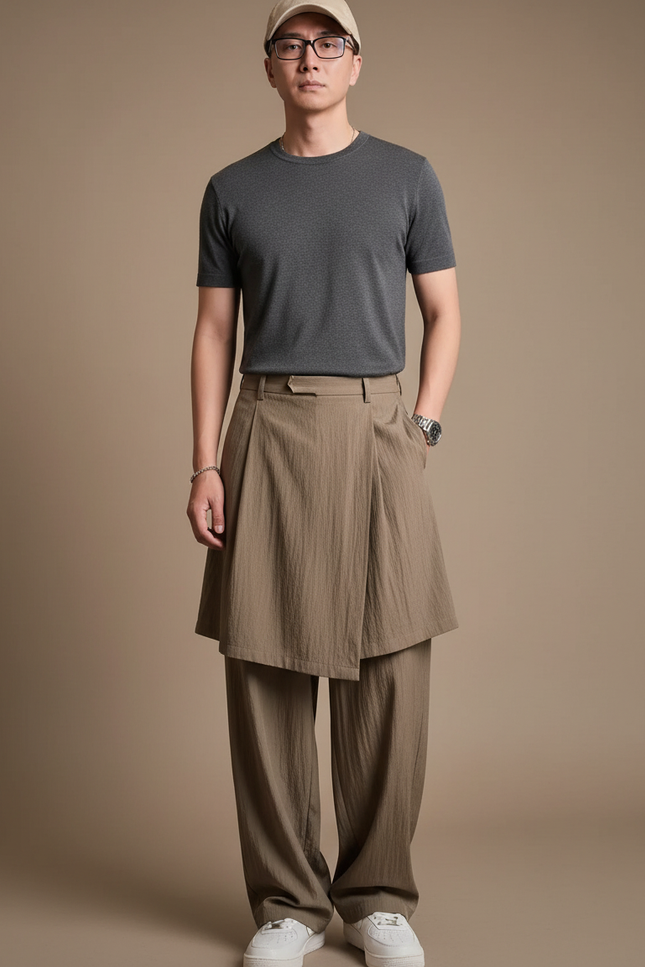 Pantalon Jupe Kaki Superposé Ample Fluide Décontracté - Lin