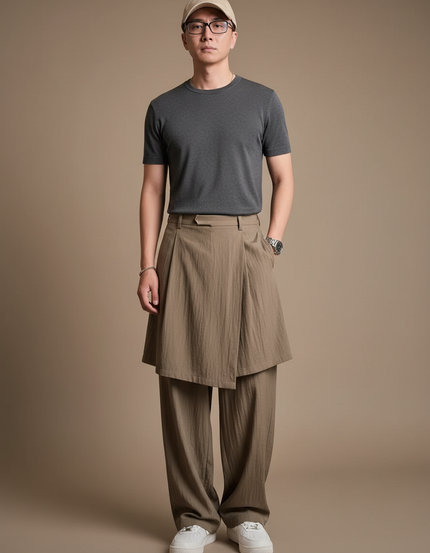 Pantalon Jupe Kaki Superposé Ample Fluide Décontracté - Lin