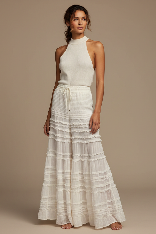 Pantalon Jupe Blanc Volants Superposés Fluide Élégant - Coton
