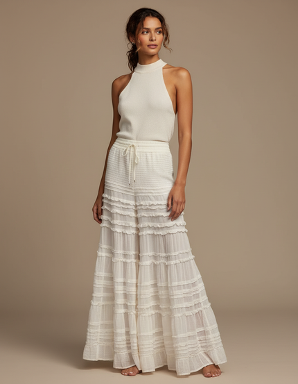 Pantalon Jupe Blanc Volants Superposés Fluide Élégant - Coton