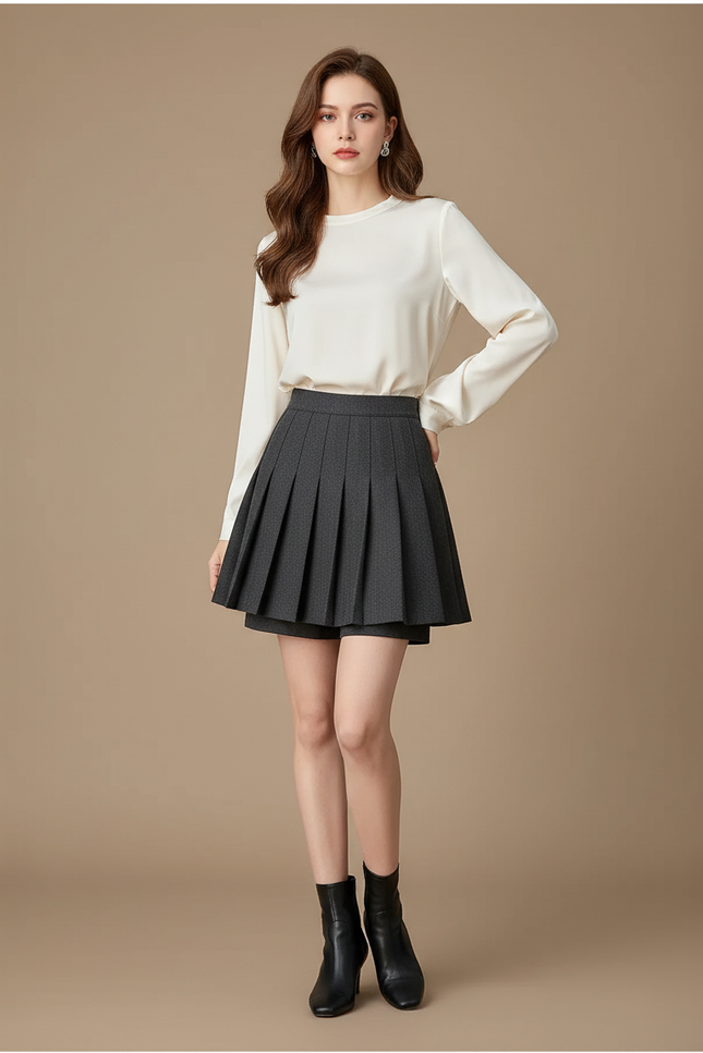 Pantalon Jupe Gris Plissé Hiver Élégant Moderne - Tweed