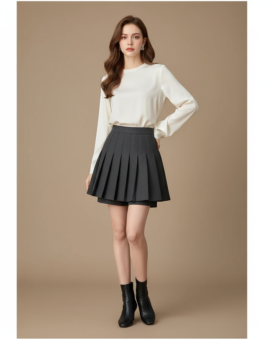 Pantalon Jupe Gris Plissé Hiver Élégant Moderne - Tweed