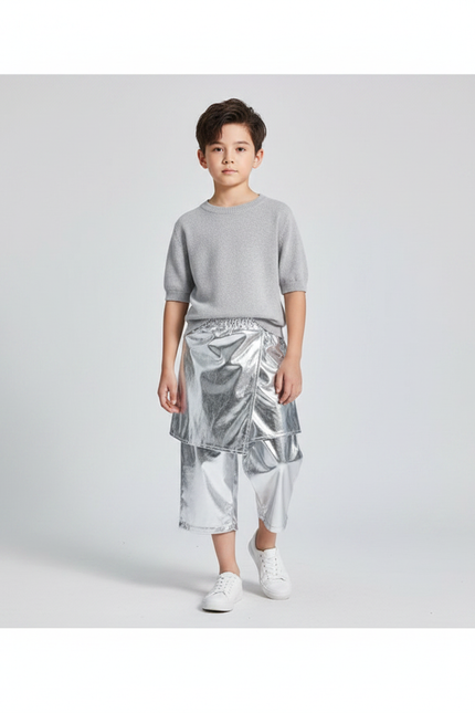 Pantalon Jupe Argenté Brillant Ample Futuriste Enfant - Simili cuir