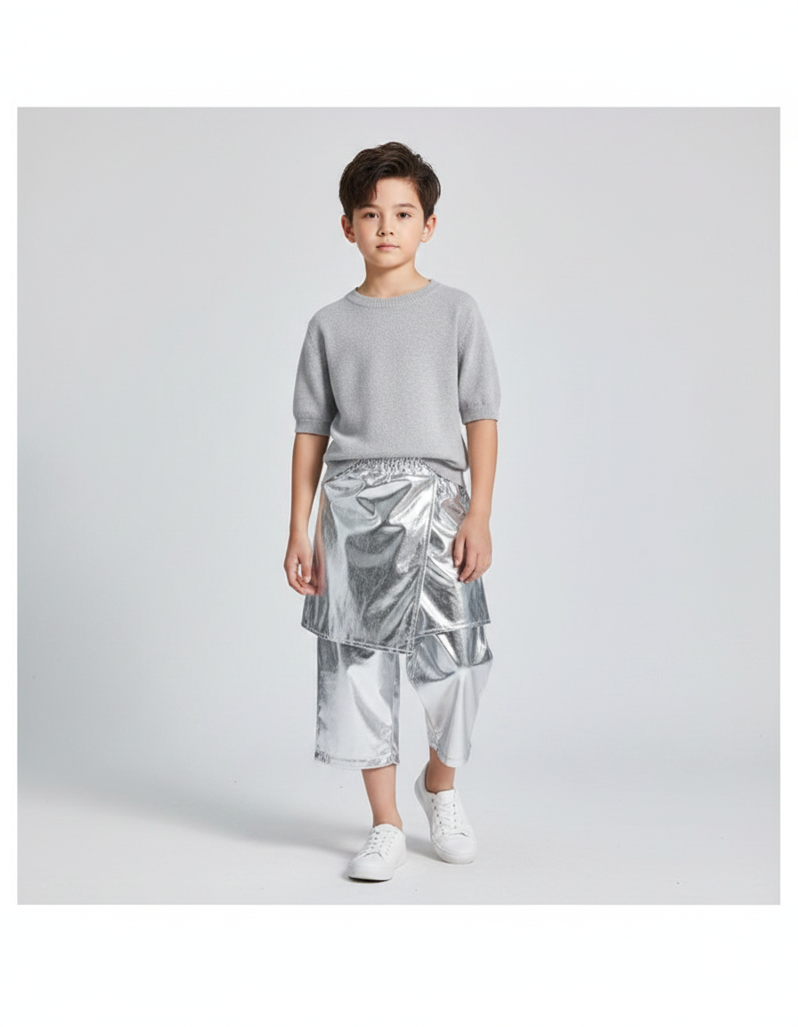 Pantalon Jupe Argenté Brillant Ample Futuriste Enfant - Simili cuir