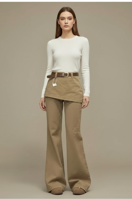 Pantalon Jupe Kaki Évasé Taille Haute Asymétrique - Gabardine