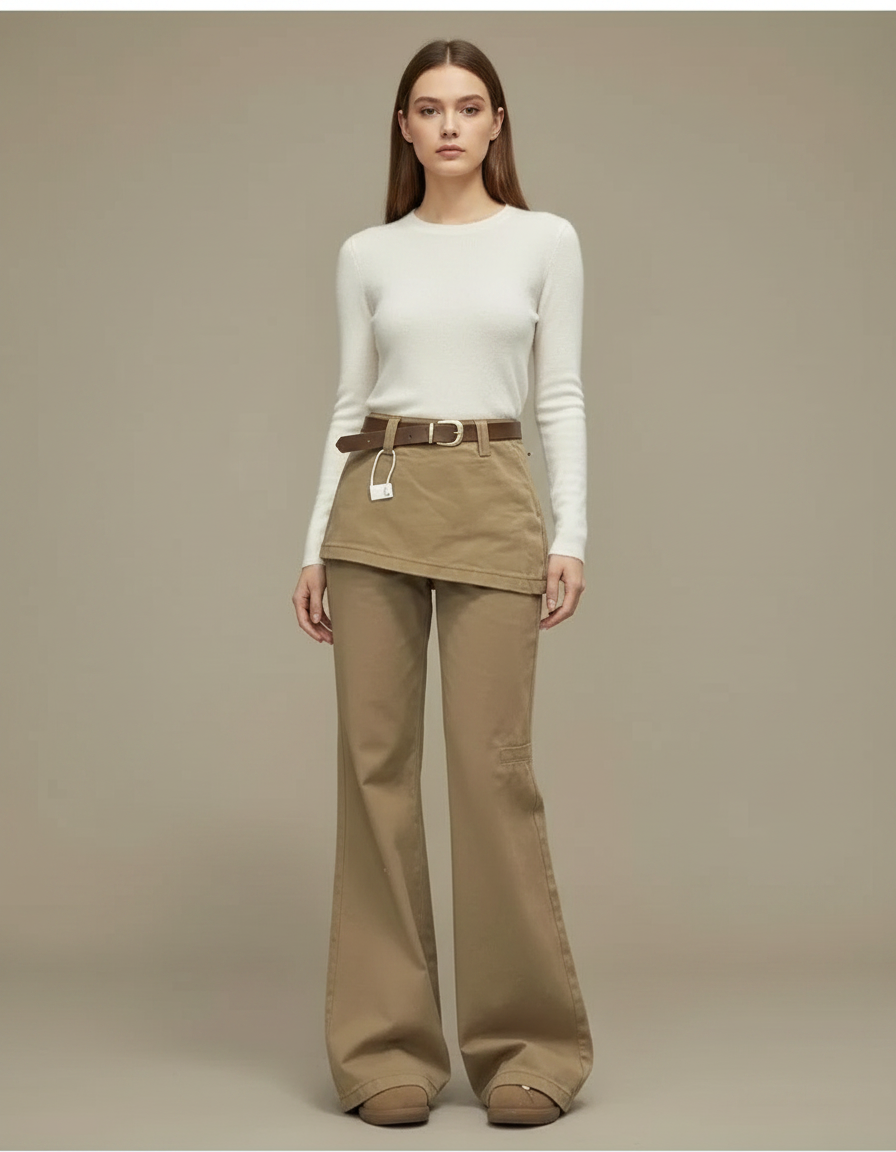 Pantalon Jupe Kaki Évasé Taille Haute Asymétrique - Gabardine