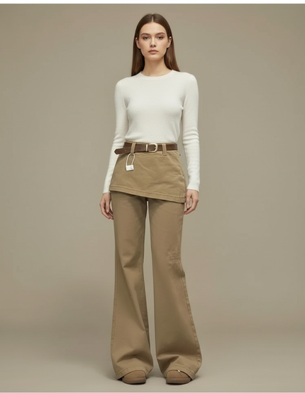 Pantalon Jupe Kaki Évasé Taille Haute Asymétrique - Gabardine