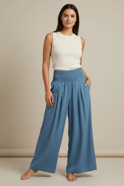 Pantalon Jupe Bleu Fluide Ample Smocké Décontracté - Lin