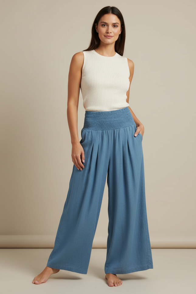 Pantalon Jupe Bleu Fluide Ample Smocké Décontracté - Lin