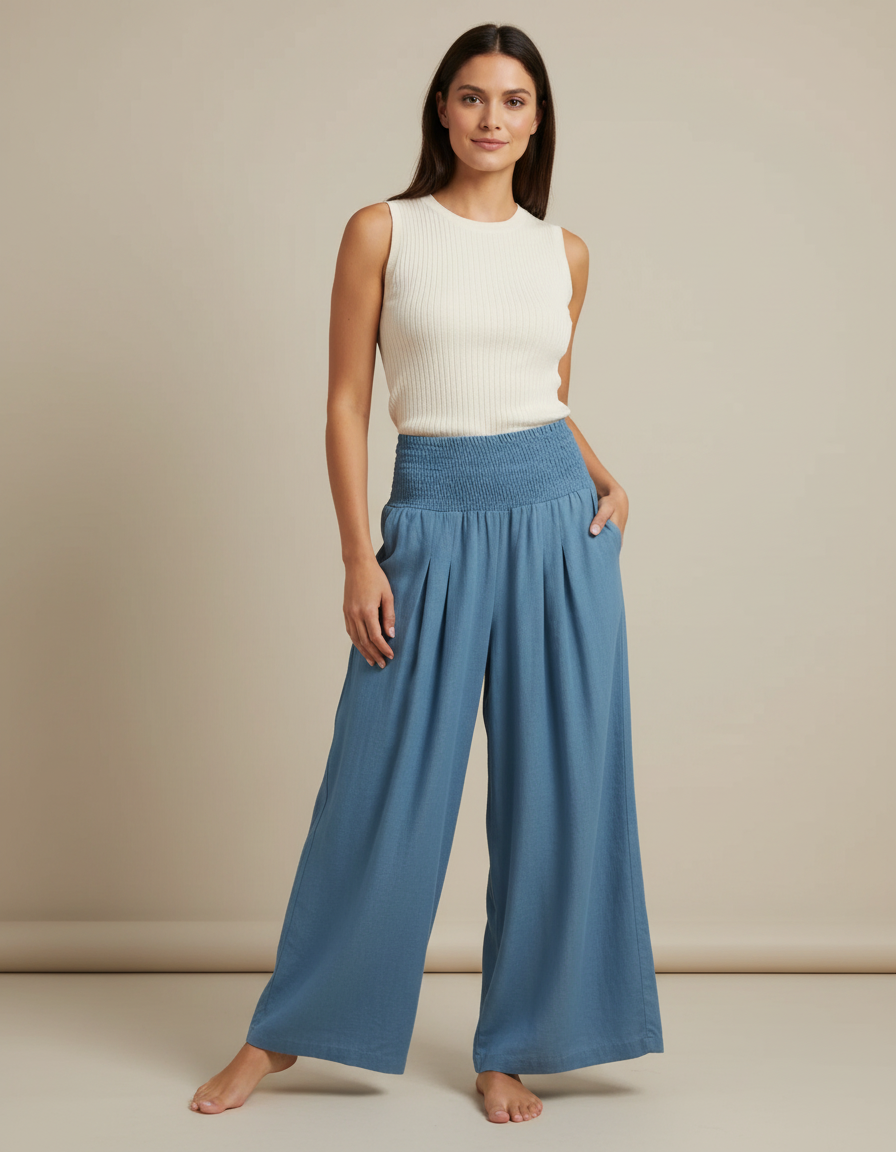 Pantalon Jupe Bleu Fluide Ample Smocké Décontracté - Lin