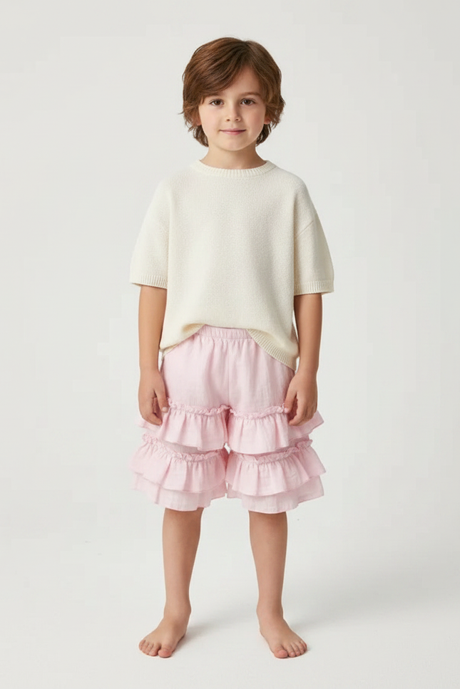 Pantalon Jupe Rose Volants Ample Coton Enfant - Lin