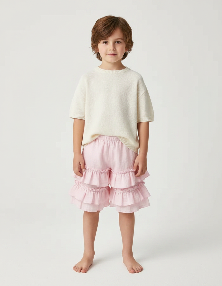 Pantalon Jupe Rose Volants Ample Coton Enfant - Lin