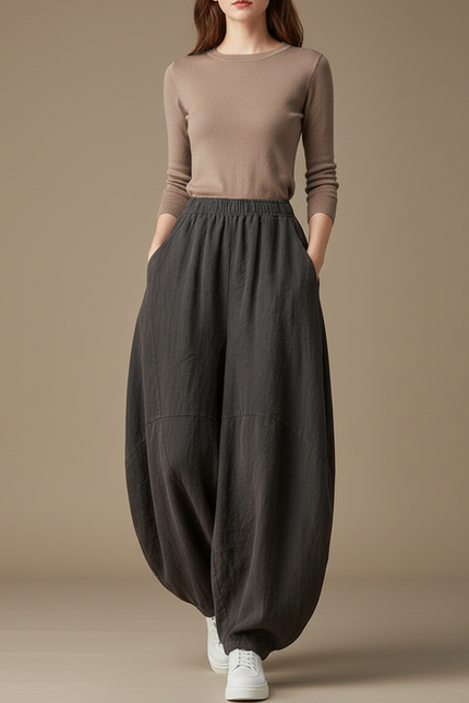 Pantalon Jupe Ample Lin Gris Confortable Élastique