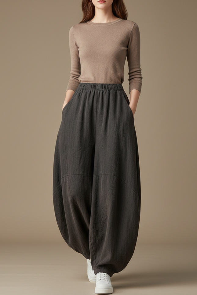 Pantalon Jupe Ample Lin Gris Confortable Élastique
