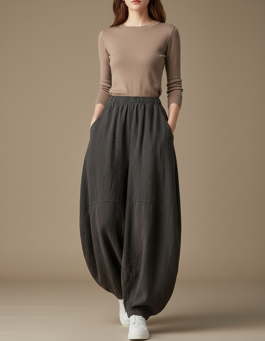 Pantalon Jupe Ample Lin Gris Confortable Élastique