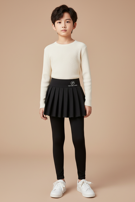 Pantalon Jupe Noir Plissé Legging Enfant Côtelé Confortable - Polyester