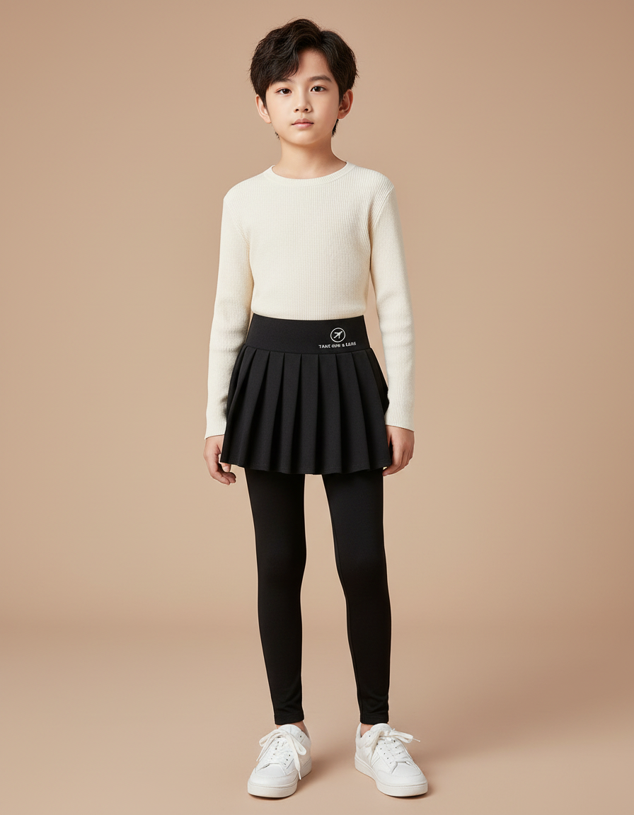 Pantalon Jupe Noir Plissé Legging Enfant Côtelé Confortable - Polyester