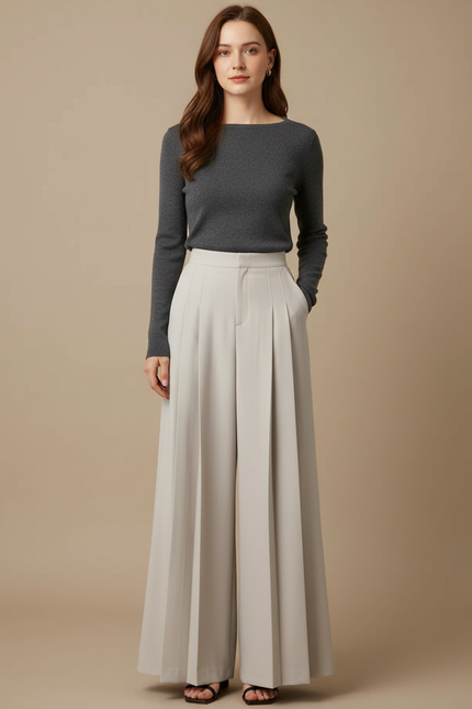 Pantalon Jupe Plissé Ample Long Écru Élégant - Beige Polyester