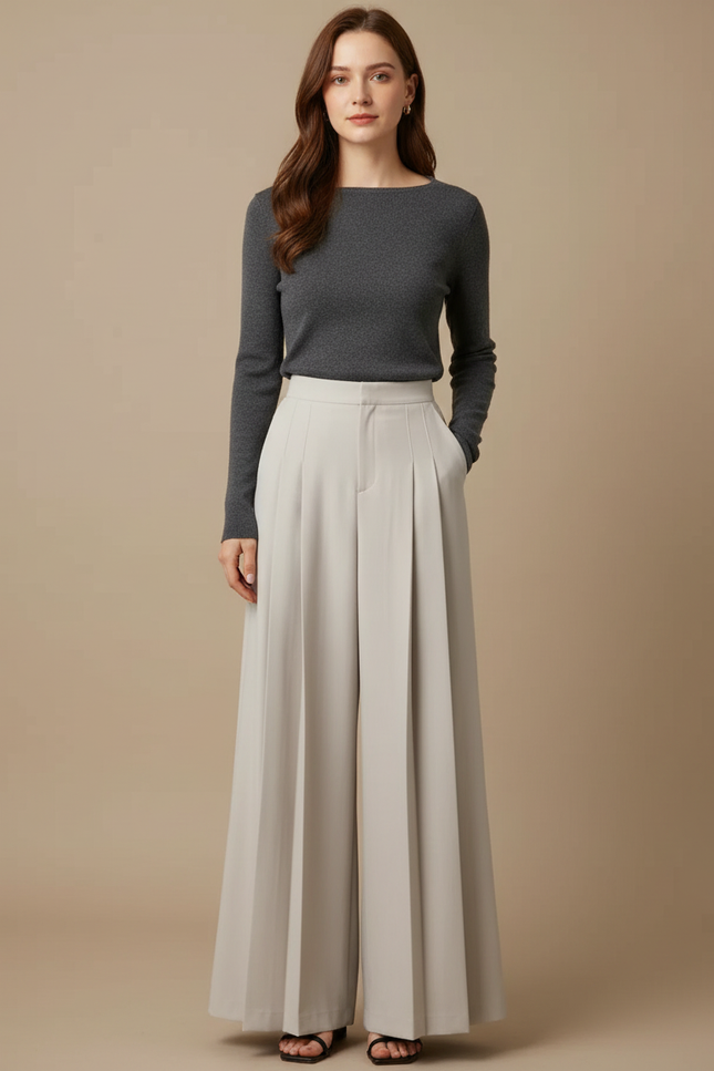 Pantalon Jupe Plissé Ample Long Écru Élégant - Beige Polyester