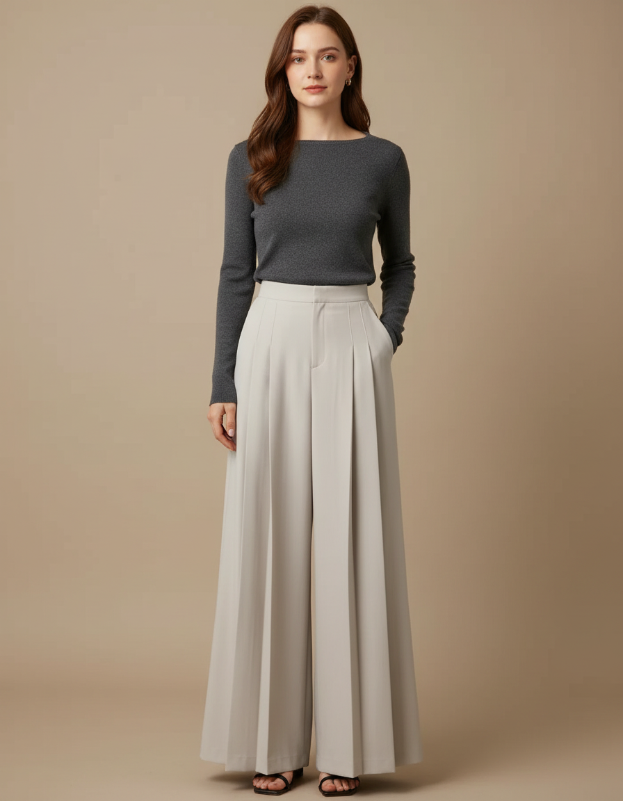 Pantalon Jupe Plissé Ample Long Écru Élégant - Beige Polyester