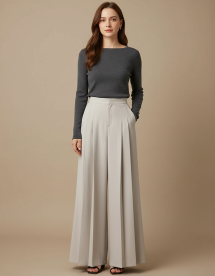 Pantalon Jupe Plissé Ample Long Écru Élégant - Beige Polyester
