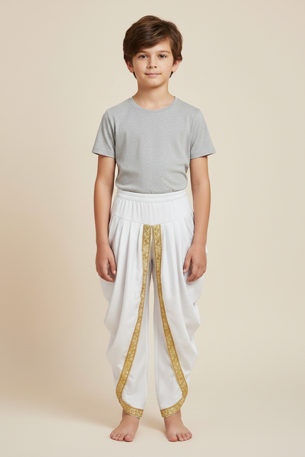 Pantalon Jupe Blanc Satiné Drapé Doré Enfant