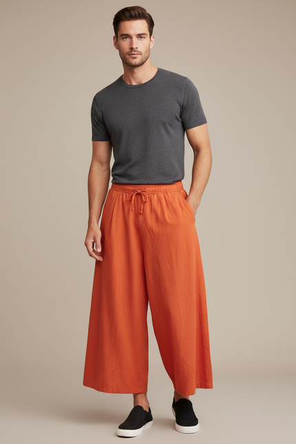Pantalon Jupe Ample Orange Lin Décontracté Fluide