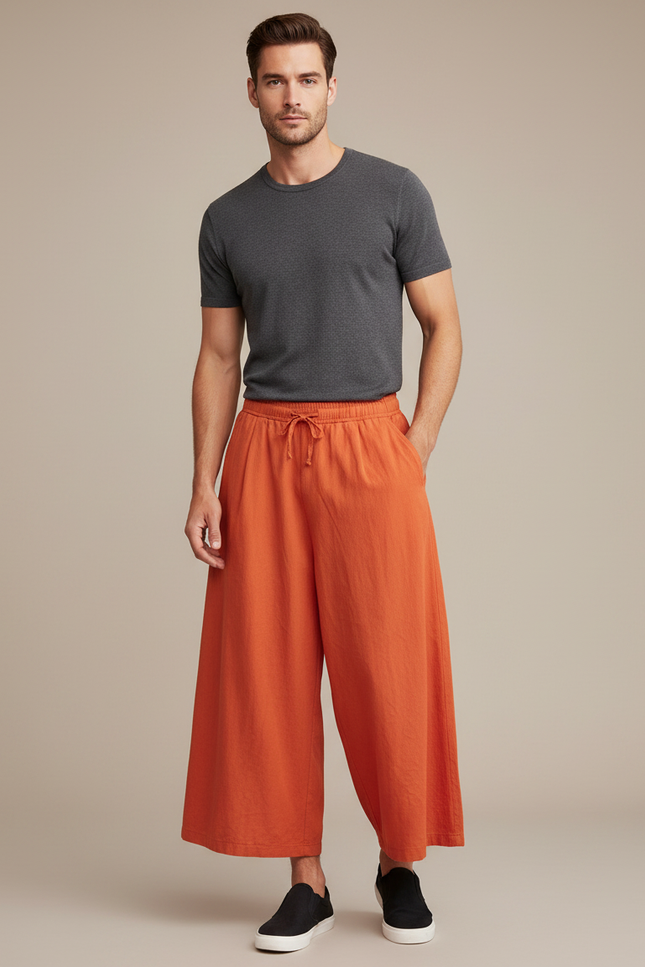 Pantalon Jupe Ample Orange Lin Décontracté Fluide