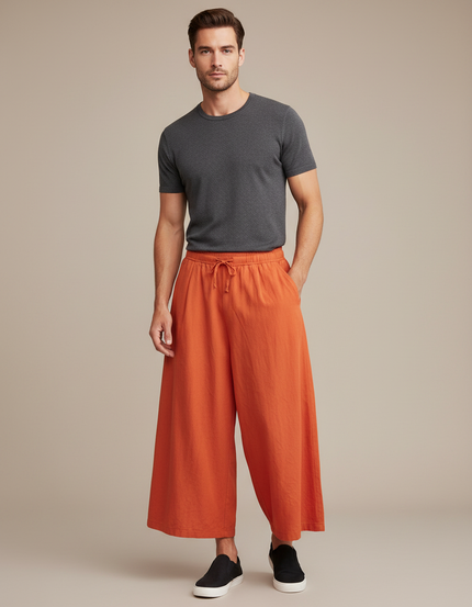 Pantalon Jupe Ample Orange Lin Décontracté Fluide
