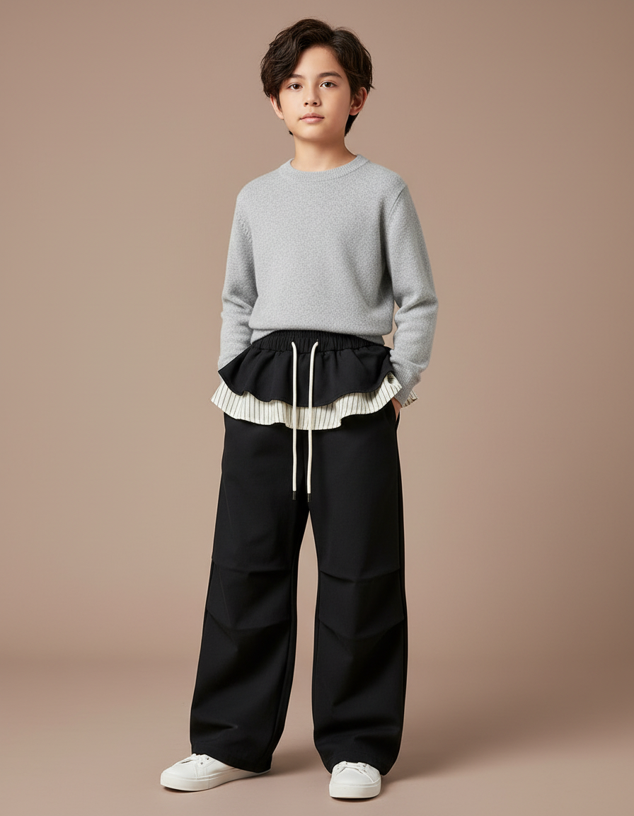 Pantalon Jupe Noir Superposé Ample Décontracté Enfant - Polyester