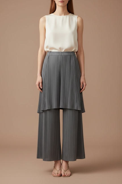 Pantalon Jupe Plissé Gris Ample Superposé Élégant - Polyester