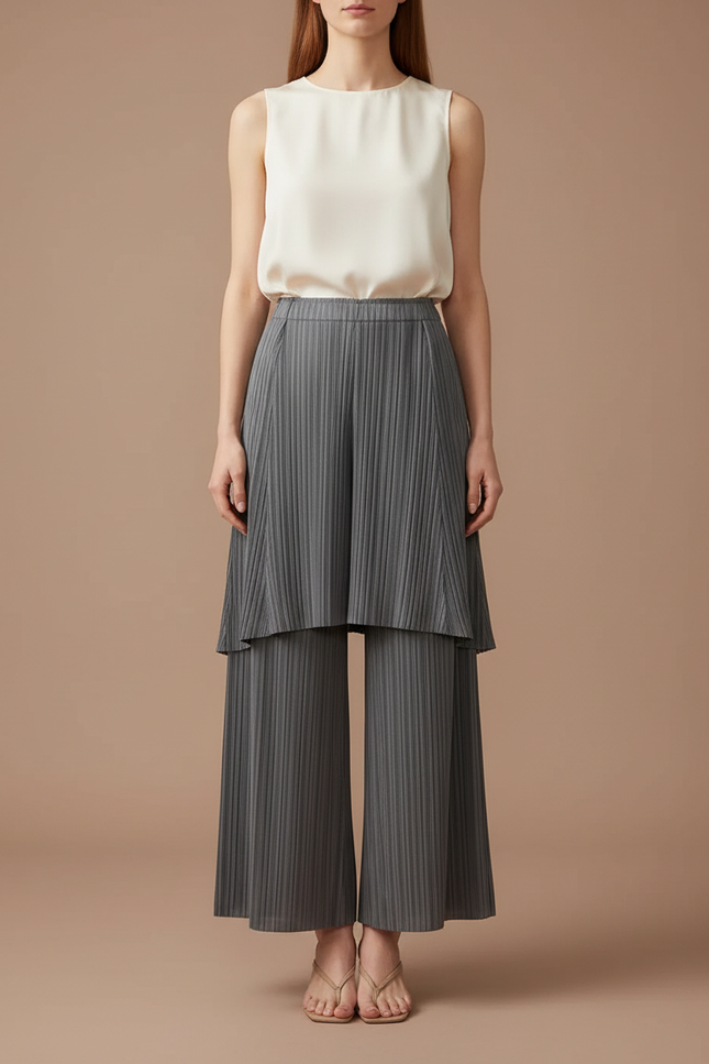 Pantalon Jupe Plissé Gris Ample Superposé Élégant - Polyester