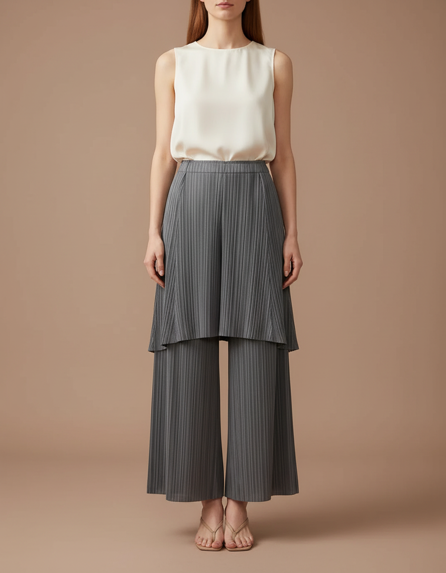 Pantalon Jupe Plissé Gris Ample Superposé Élégant - Polyester