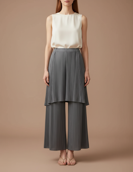 Pantalon Jupe Plissé Gris Ample Superposé Élégant - Polyester