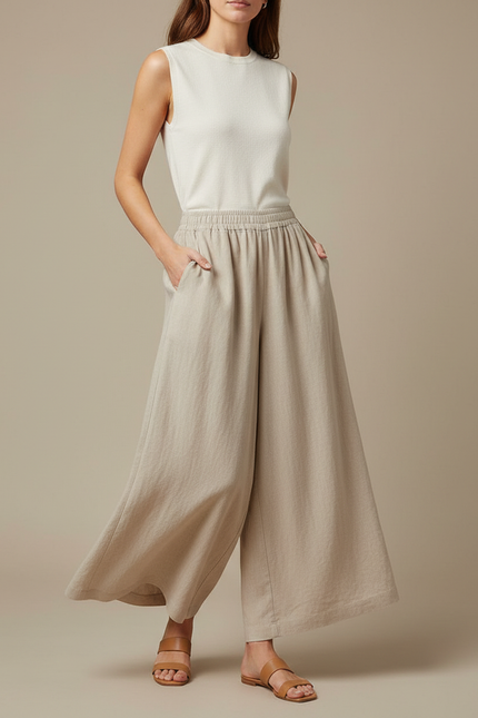 Pantalon Jupe Beige Lin Ample Fluide Décontracté