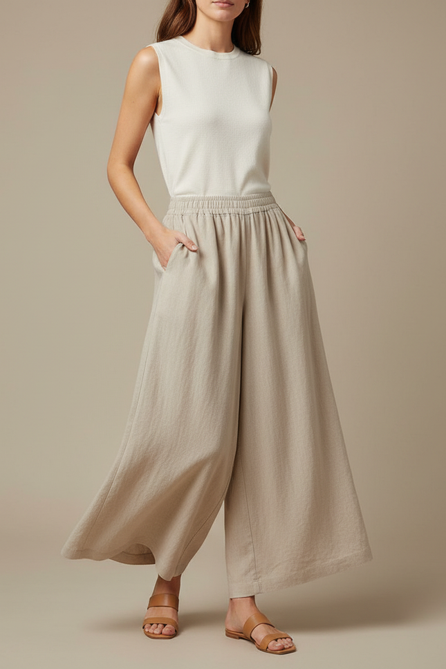 Pantalon Jupe Beige Lin Ample Fluide Décontracté