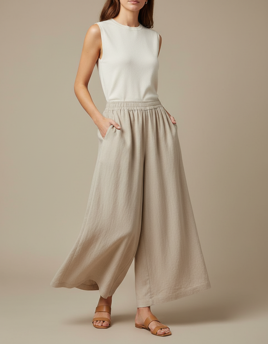 Pantalon Jupe Beige Lin Ample Fluide Décontracté